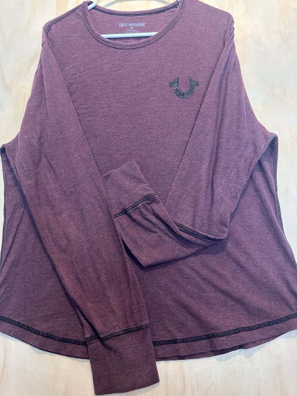 True Religion Men's Long Sleeve Burgundy Heather Crewneck T-Shirt Size XL